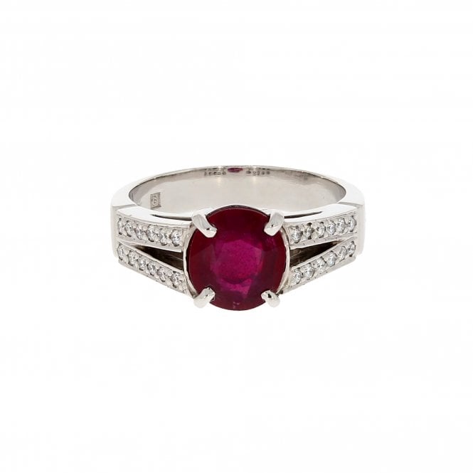 Ruby Round Treated with 0.13ct Brilliant Cut Diamonds Platinum Ring