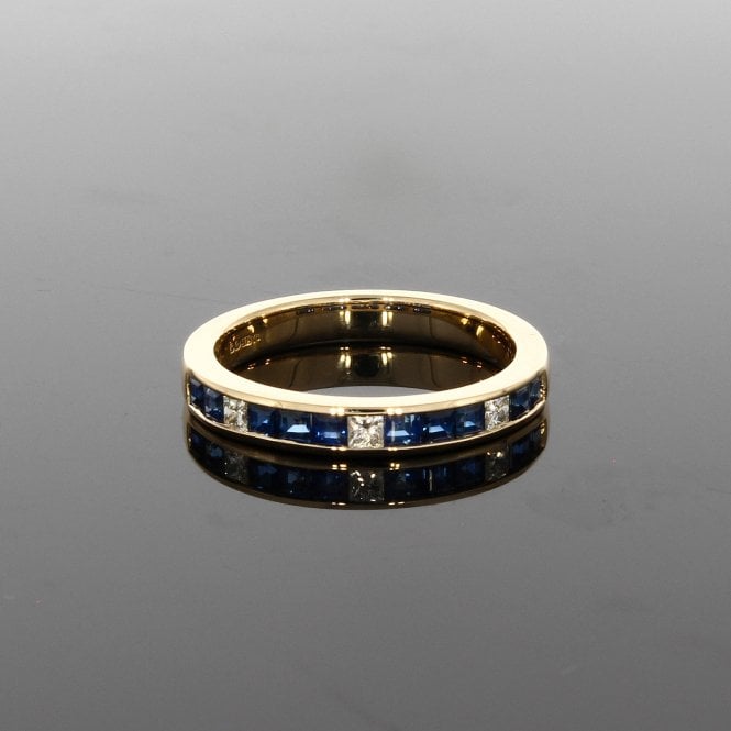 Sapphire 0.65ct Channel Set 0.14ct Diamond 9ct Yellow Gold Half Eternity Ring