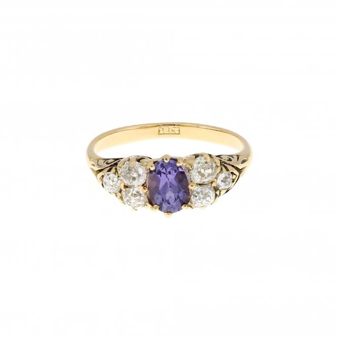 Sapphire 1.01 Carat Purple & 0.42ct Old Cut Diamond 18ct Yellow Gold Cluster Ring