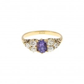 1.01 Carat Purple & 0.42ct Old Cut Diamond 18ct Yellow Gold Cluster Ring