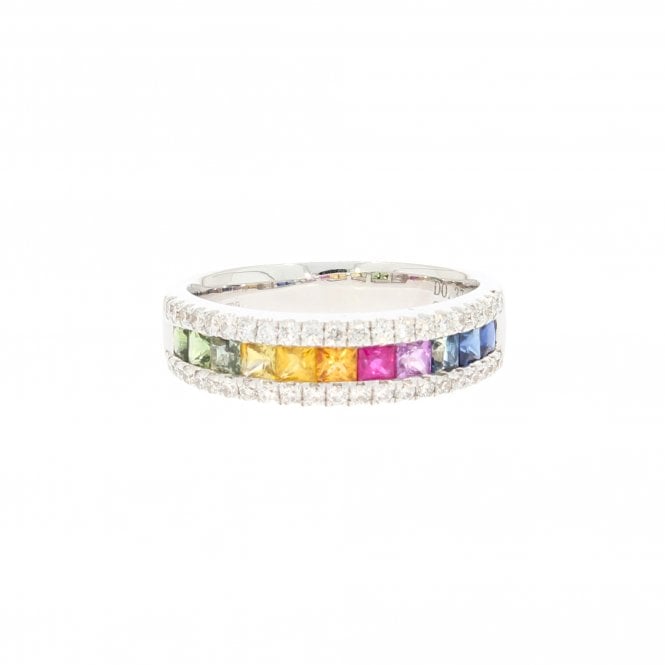 Sapphire Blue Pink Yellow and Green 18ct White Gold Diamond Ring
