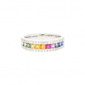 Blue Pink Yellow and Green 18ct White Gold Diamond Ring