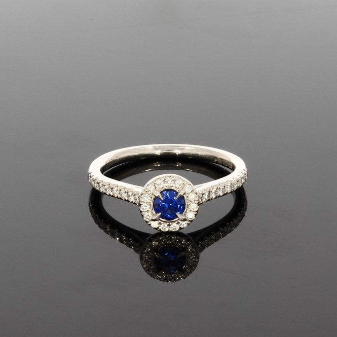 Sapphire Platinum Halo Cluster Ring with 0.33ct Diamond Shoulders