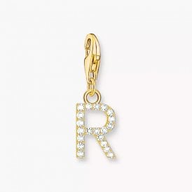 Charm Pendant Letter R with White Stones Gold Plated 1981-414-14 YGP
