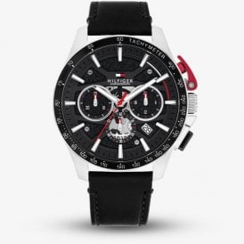 Gents Bank Skeleton Chronograph Black Leather Strap Watch 1792258