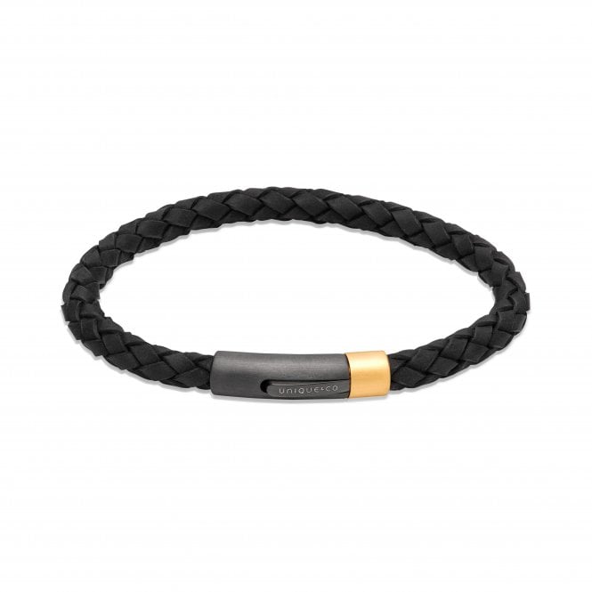 Unique & Co Jewellery BLACK LEATHER YG IP MATTE STEEL CLASP B506GO/19CM